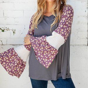 Slate Jacquard Floral Color Block Bell Sleeve Top